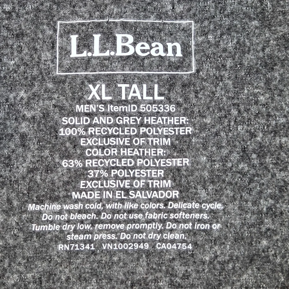 L.L. Bean Fleece Jacket Mens XL Tall Full Zip Mock Neck‎ Logo Grey Heather Solid
